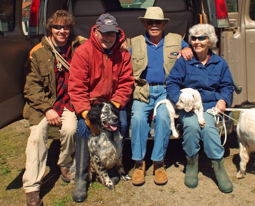 Training our Llewellins on a beautiful day in PA. That's me on the left, Doug with his boy, Keith & Tessa Smith (with their new pup "Lance", out of our Mike & Gracie's last litter).